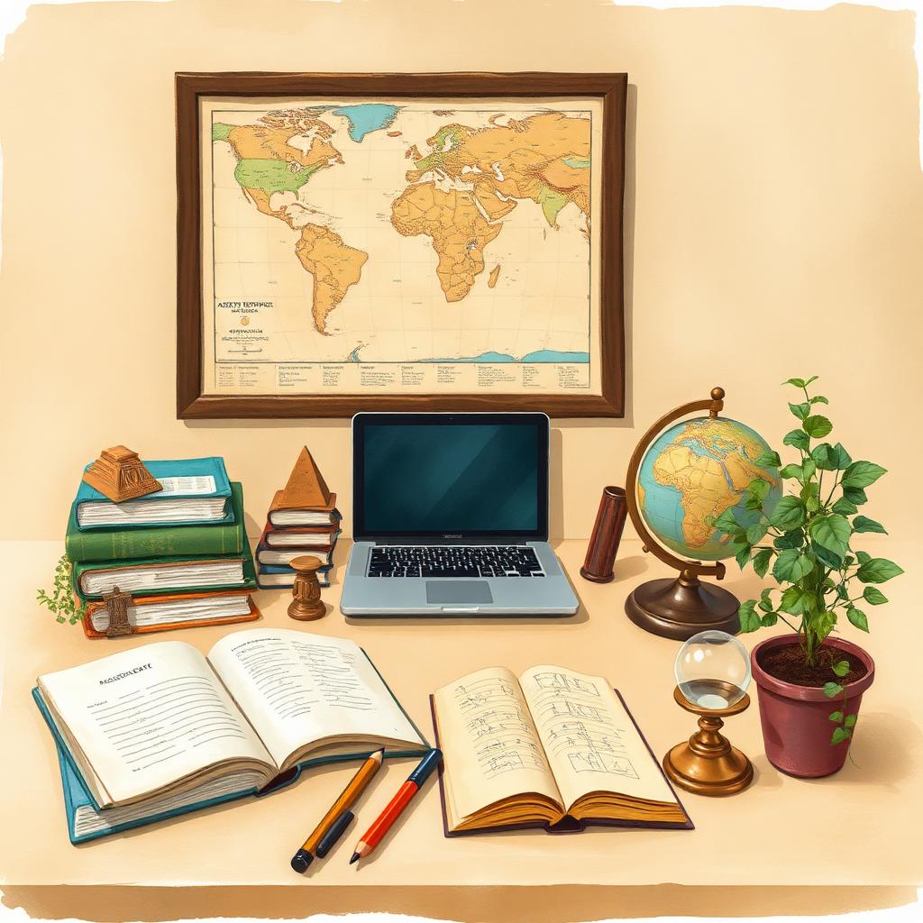 Painted illustration of a 6th grade homeschool desk with a framed Eastern Hemisphere map, ancient civilization figurines, books, a globe, and open notebooks.